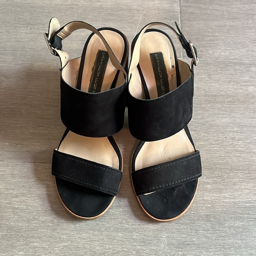 Small black suede open toe heals
